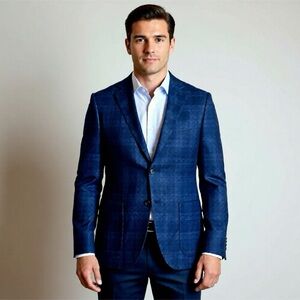 Corneliani ID Wool Blazer Sport Coat Jacket Mens Size 50 R Blue Plaid Lightweigh